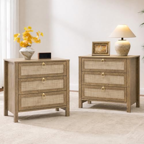 Image of SICOTAS Nightstand Set of 2 with Drawers, Rattan Nightstands, Large Modern Boho Night Stand Wide Bedside Tables for Bedroom