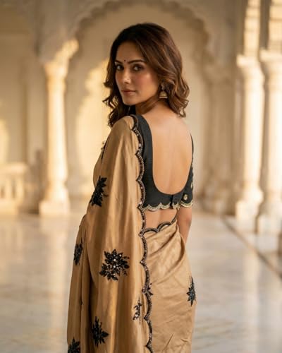 Image of Handcrafted Floral Embroidered Saree with Contrast Blouse