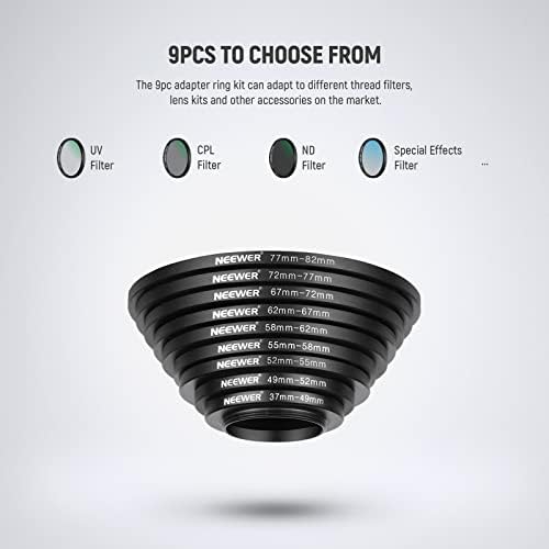 9 Pieces Lens Filter Rings Set, Made of Anodized