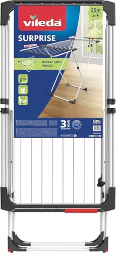 Vileda Surprise Tendedero Extensible de acero y aluminio, espacio de tendido de 11 hasta 20 metros, soporte para artículos pequeños, medidas abierto 110 187 x 61 x 94 cm, color blanco