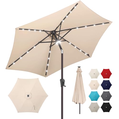 Image of 10FT Solar Patio Umbrella - Outdoor Umbrella with Centre Surround Light 24 LED Lights, Market Table Umbrella with Tilt for Pool, Porch, Garden, Deck, Backyard UV Protection (Beige)