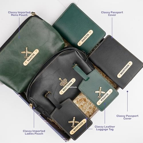 Image of Your Gift Studio Customized Leather Travel Pouch Kit Combo for Couple | Personalized Toiletry Bag, Passport Cover, and Luggage Tag with Name & Charm (Black)