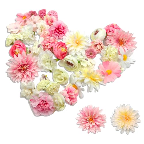 FOSDICK 42 Pièces Fleurs Artificielles, Blanche Rose Fausse Fleur, Petite Tête de Fleur Artificielle Mélangée, Fleur en Tissu pour DIY Scrapbooking Mariage...