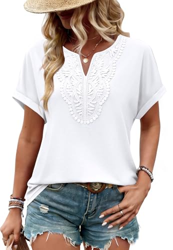 Womens Tops Trendy Boho Short Sleeve Shirts Business Casual Outfits Plus Size White Blouse Dressy Casual Fashion Clothes Travel XL