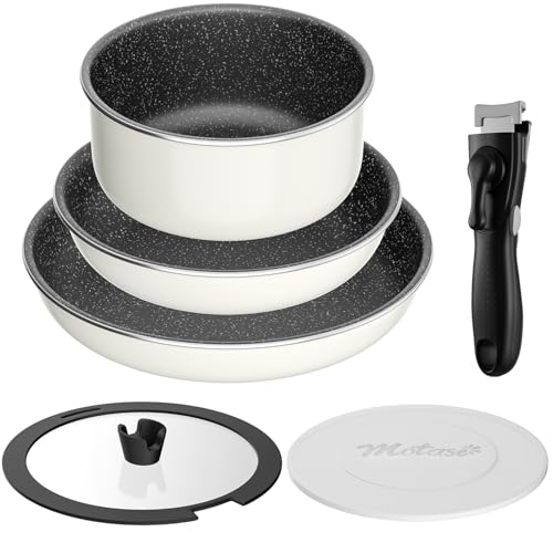 Motase Juego De Ollas Con Asas Extraíbles, 6 Piezas, Sartén De 20/26 Cm, Olla De 20 Cm/2,6 L Con Tapa, Inducción, Apilable, Ahorra Espacio, Apto Para Horno