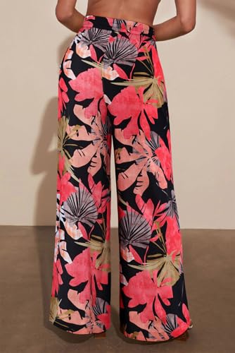 NIMIN Women Wide Leg Palazzo Pants High Waisted Casual Flowy Lounge Pants Floral Solid Beach Trousers with Pockets4