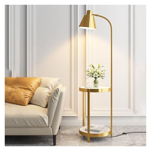 Lámpara de pie para dormitorio o salón con estantes integrados y elegante tono dorado