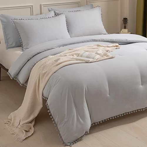 Sleepbella Light Grey Queen Comforter Set 5Pcs, Ball Pom Fringe Design, Super Soft Brushed Microfiber Comforter For All Seasons (1 Boho Comforter, 2 Pillow Shams, 2 Pillowcases) #TOP23
