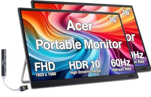 Image of Acer 16 inch Portable USB-C IPS Monitor w / HDR10, Built-in Speakers, Mini HDMI | 6ms Response Time, Anti-Glare, 220 nits Brightness, & Dockztorm USB Port Expander, Black /Silver Color, 2 Pack