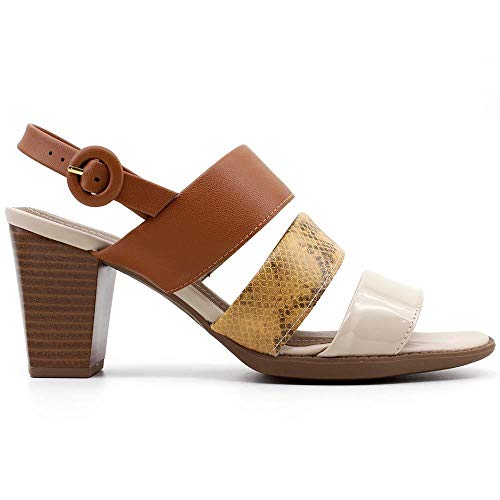 SANDÁLIA CASUAL PICCADILLY TIRAS NAPA VERNIZ COBRA SALTO BLOCO OCRE AÇAFRÃO FEMININA