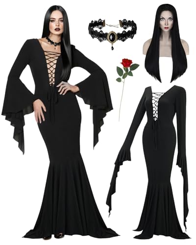 Disfraz Vintage Morticia Addams Negro Vestido Largo Mujer miniatura 2
