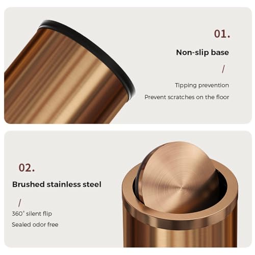 Image of Antique Brass Bathroom Trash can with lid,Stainless Steel,Small Grabage Can with Flipping Lid, 9L /2.4Gal for Living Room,Bedroom,Guest Room,Hotel (Rose Gold)