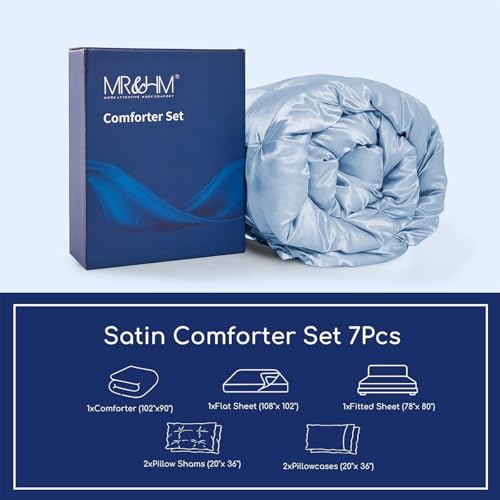 MR&HM Satin Comforter King 7 Pieces - Luxurious Pinch Pleat Bedding Set with Comforter, Flat Sheet, Fitted Sheet, Pillowcases & Shams, Super Silky Soft Bed Set for All Season (King, Blue Haze)
