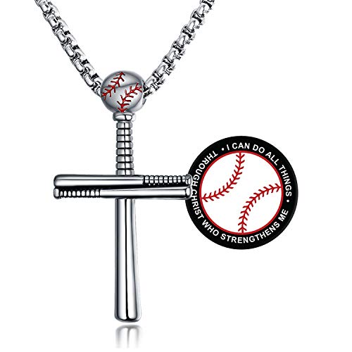 XIEXIELA Baseball Cross Necklace for Boys.Baseball Bats Athletes Stainless Steel Crucifix Pendant Chain Necklaces 22  inches Rope Chain for Men Women Teen Boys Girls Cell Phone Holder Silver