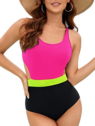 MOLYBELL Women's One Piece Swimsuits Criss Cross Cutout High Waisted Bathing Suit Monokini for Teen Girls (Pink+Black,Medium)