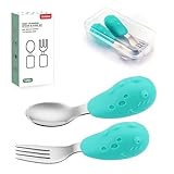 YIVEKO Baby Fork and Spoon Set with Carry Case Baby Training Utensils Self Feeding Toddler Silverware Silicone and Stainless Steel Kids and Toddler Utensil Set-Dinosaur