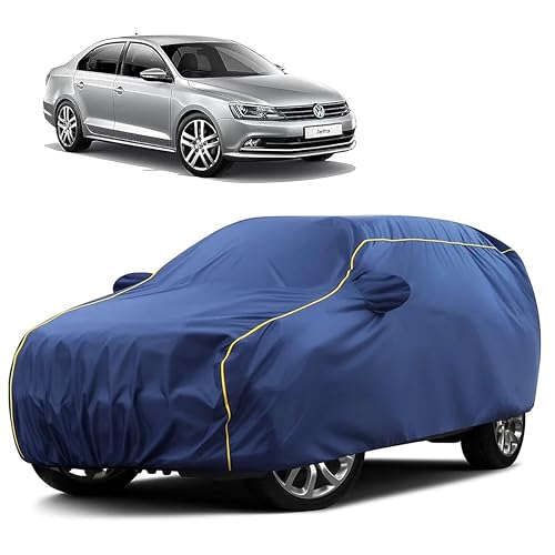 Image of Sulfar 100% Water Resistant Car Body Cover Compatible with Mirror for Volkswagen Jetta (Triple Stitched, Full Bottom Elastic, Blue Taffeta with Yellow Piping)