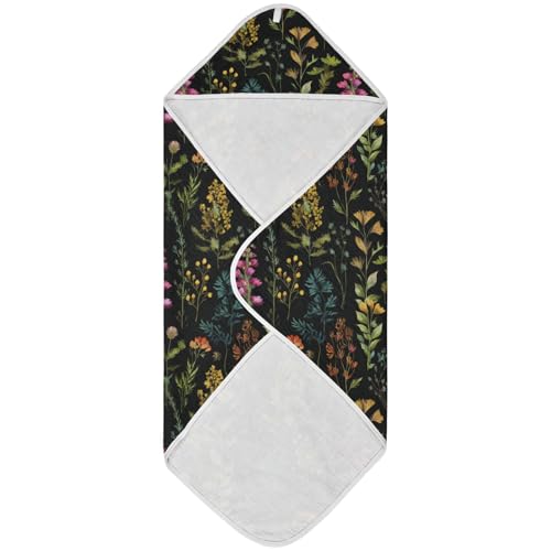 Image of Pigsaly Watercolor Wild Flowers Hooded Baby Towel Meadow Herbs Leaves Baby Bath Towel Unisex Soft Organic Cotton Washcloths Toddlers Shower Gifts for Boys Girls Newborn 30 x 30 in