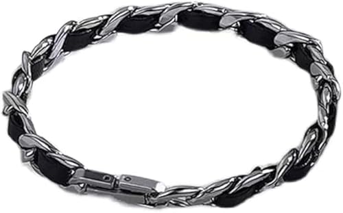 Herren Damen Armband Lederarmband für Männer Frauen in Schwarz Edelstahlarmband Edelstahlverschluss, 17cm, Edelstahl, Achat