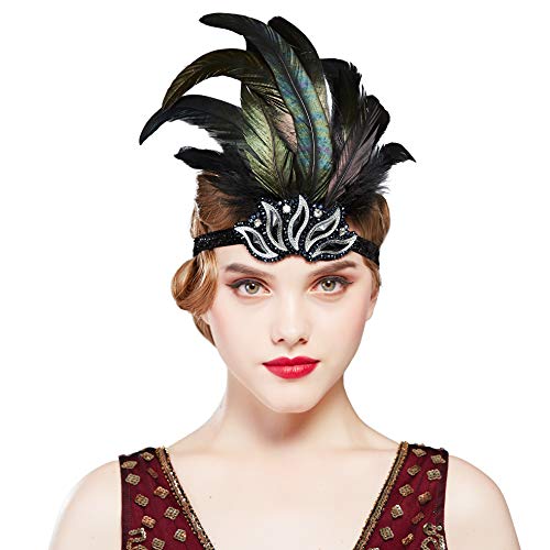 BABEYOND Women’s 1920s Flapper Headband 20s Great Gatsby Feather Hair Accessories (Dark Green)