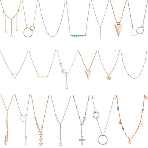 20 PCS Multiple DIY Layered Necklace for Women with Two Interlocking Infinity Double Circles- Multilayer Choker Chain Y Necklaces Set Adjustable Gold Silver Bar Pendant Y Necklace for Teens Girls