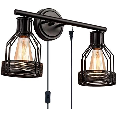 Industrial Bathroom Vanity Light 2 Lights Retro Cage Wall Sconce with Cord Metal Shade Vintage Wall Lights Fixtures for Indoor Home Dressing Table Mirror Cabinet (Bulb Not Included)(Black 2 Lights) Cover