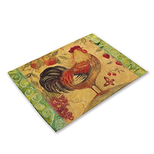 Jewelry-Box Set Of 6 Animal Theme Pattern Washable Dining Table Mats Non-Slip Heat Resistant Cotton Linen Placemats (Retro Rooster 1) #TOP7