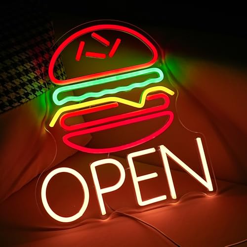 Image of Hamburg Open Neon Sign Led Business Open Sign Burger Neon Wall Decor Light Up Sign Fast Food Bar Kitchen Restaurant Decor Food Neon Light