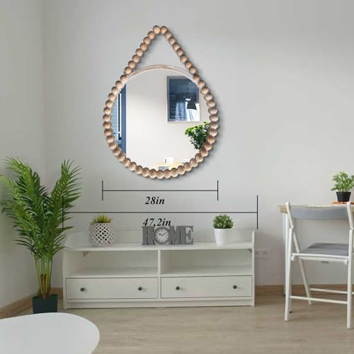POZINO Wood Beaded Round Mirror, 28" Rustic Farmhouse Hanging Mirrors with Wooden Spherical Frame, Boho Circle Mirrors for Bathroom Bedroom Living Room Hallway Entryway Fireplace — view 6