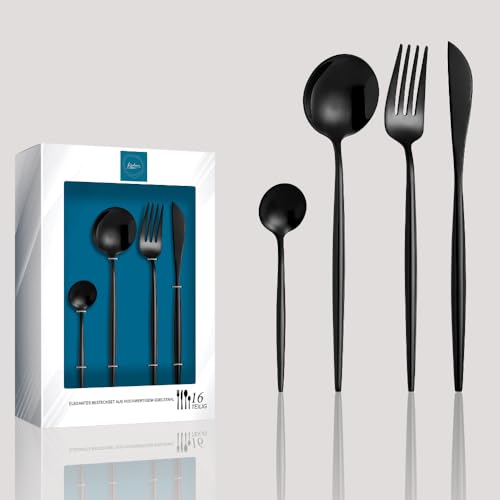 Kadum - 16-teiliges Besteckset Modernes Besteckset aus Edelstahl, 4x Suppenlöffel 4x Tafelgabel 4x Speisemesser 4x Teelöffel (Glänzend & Schwarz)