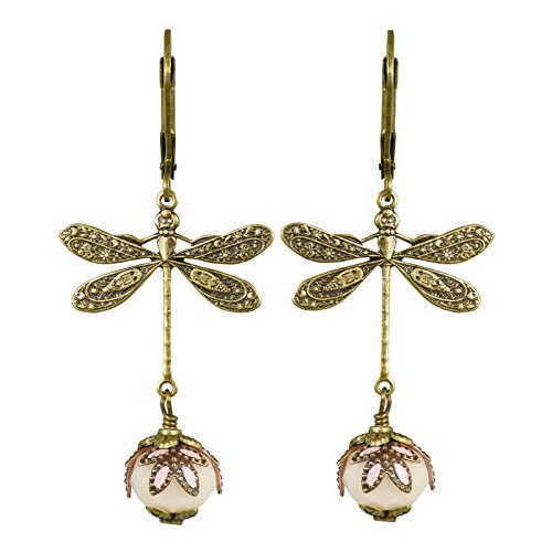 Preisvergleich Produktbild NoMonet Damenhandgemalte viktorianischen Ohrringe - Libelle Daze in Gold und Weiß