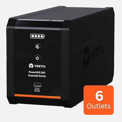 Image of Vertiv Liebert PowerUPS 200 Essential, PSA6E-1000LVT, Line Interactive UPS 1000VA /550W, Battery Backup & Surge Protector, AVR, 6 Outlets, USB C+A Charging, 3 Year Warranty