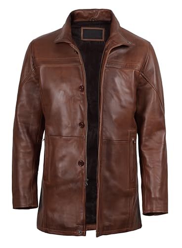 Image of fjackets Men's Lambskin Leather Car Coat - Stylish Long 3 /4 Casual Leather Jacket Men Outerwear
