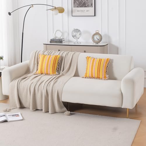 Image of HOKIPO 'Artisan Boho Series' 450 GSM Cushion Cover with Tassels | Cotton Acrylic Jacquard | 16x16 Inch (40x40 cm) | Pack of 2, Mustard Yellow (IN-905-A1*2)