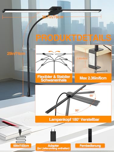 ReinHoo Schreibtischlampe LED Dimmbar, 5 Farben+ 9 Helligkeitsstufen LED Schreibtischlampe Klemmbar, 1200 Lumen Hell 12W Tageslichtlampe Schreibtisch Lampe, Fernbedienung+Timer, Doppelkopf