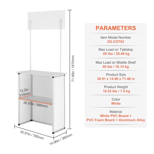 VEVOR Promotion Counter Table, Portable Tradeshow Podium Table, 30.91" x 14.96" x 71.46", Display Exhibition Counter Stand Booth Fair with Wall, Pop Up Podium with Storage Rack/Carrying Bag