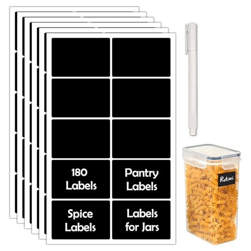 JIEHENG 180Pcs Chalkboard Labels for Jars, Waterproof Reusable Blackboard Stickers with 1 Liquid Chalk Markers, Kitchen Organization Labels Removable (Black, Rectangle)