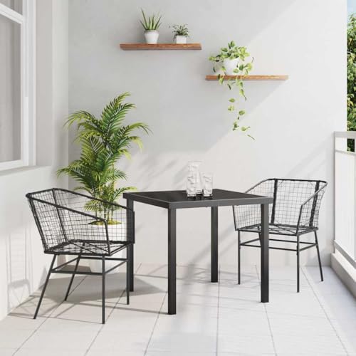 FWIKDUN Garten Essgruppe 3 pcs Schwarz Poly-Rattan Tischgruppe mit Glasplatte und Stahlgestell für Terrasse
