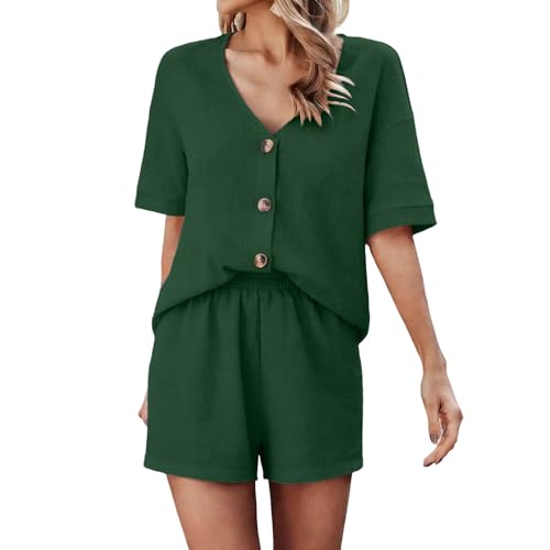 Co Ords - Conjunto de chándal para mujer, de lino, estilo Y2K, cómodo, manga corta, con botones, pantalones cortos elásticos sueltos, casuales, verano, ocio, vacaciones, playa, viajes, cuello en V