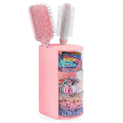 Image of neotidy Hair Accessories Organizer with Hair Brush Holder, Rotating Hair Tie Product Organizer for Girls, 3-Tier Makeup Brush Holder for Clips, Bows & Brushes (Pink, 3-Tier)