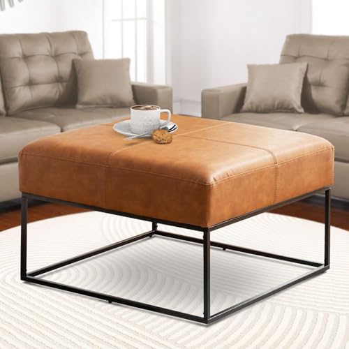 Image of Modern Square Coffee Table, Farmhouse Ottoman for Living Room, Large Vintage Leather Coffee Tables with Faux Leather Upholstered Padded Seat [Square, Vintage Brown, 30'']