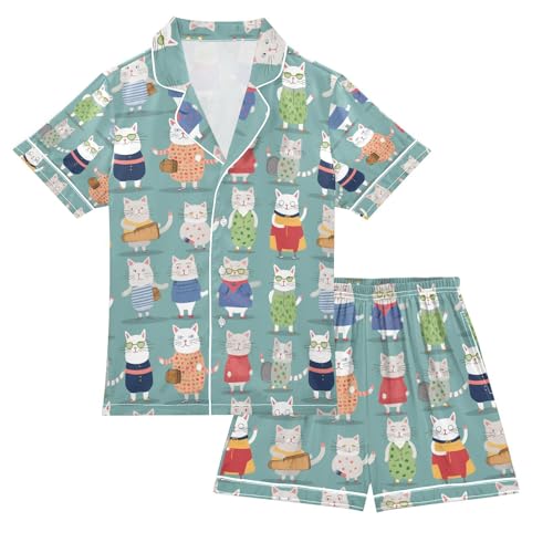 senya Colorful White Cat Satin Summer Pajama Sets Silk Short Sleeve Button Down Sleepwear