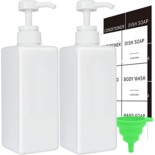 Image of White Soap Dispenser with Waterproof Labels, 16 oz Dish Soap Dispenser for Kitchen, Thickened Plastic Hand Soap Dispenser for Bathroom, Shampoo and Conditioner Pump Bottles with Silicon Funnel, 2 Pack