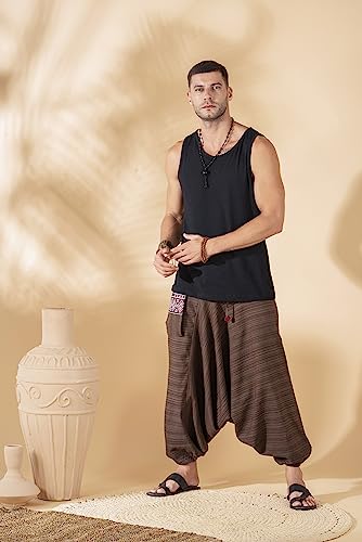 Image of The Veshti Company Cotton Baggy Pants Drop Crotch Harems for Men's Loose Boho Oversized Striped Meditation Yoga Pant with Pocket
