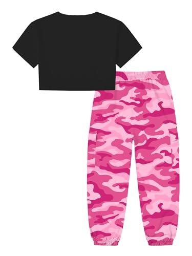 Image of Betusline Girls 2 Piece Set, Black Cute Short Sleeve Crop Tops + Rose Pink Camo Cargo Jogger Pants Clothes, 4-5T = Tag 120
