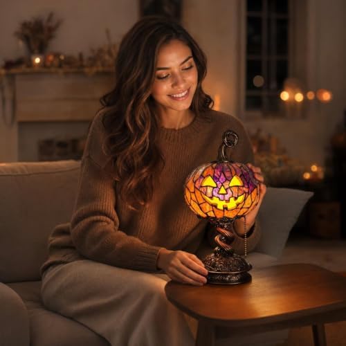 Resin Witch Hat Lamp Stained Glass Style, Resin Stained Glass Style Witch Hat Table Lamp, Vintage Halloween Table Decor Night Light, Handcrafted Gothic Wizard Accent Lamps for Bedroom (Orange Black-C) — view 7