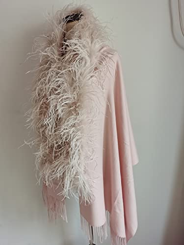Women's Faux Cashmere Cape With Real Ostrich Feather Collar Shawl Wrap Winter Warm3