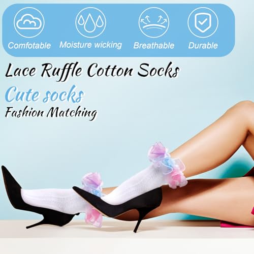 Image of Geyoga 3 Pairs Women Big Ruffle Socks Turn Cuff, Double Lace Ankle Cotton Frilly Socks for Ladies Summer
