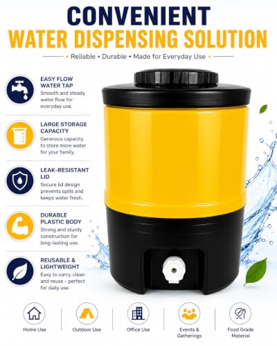 Image of Plastic Water Jug | Food Grade | Insulated Water jug Cool Chilled Water Camper jar (Yellow & Black, 15 litres)