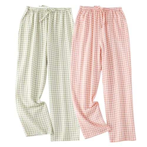 Image of STMAHER 2 Pack Women's Cotton Pajama Bottoms Lightweight Sleep & Lounge Pants Plaid Sleepwear Long Pj Pants